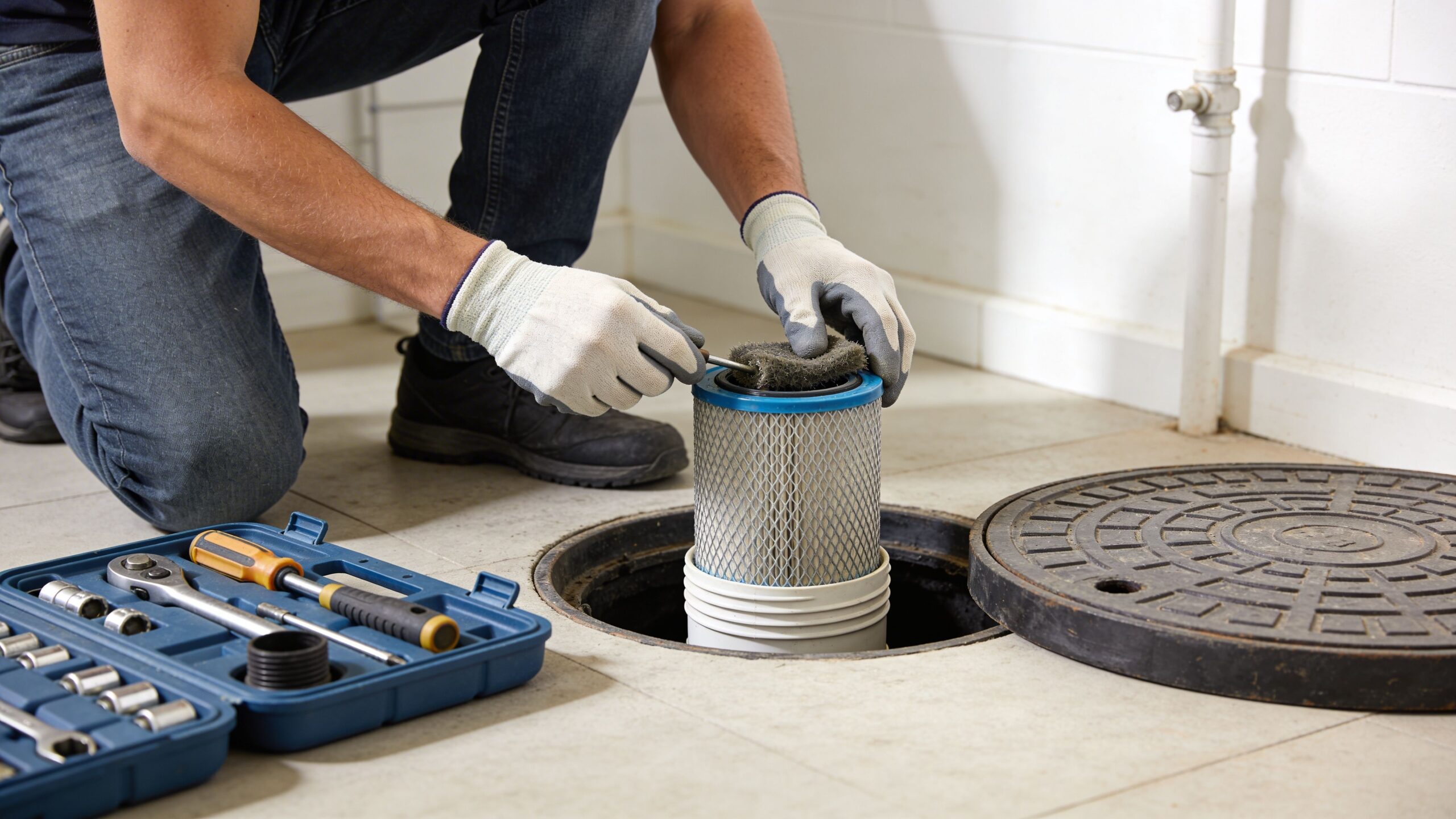 A technician wearing work gloves performs maintenance on a cylindrical septic system filter in a basement floor.