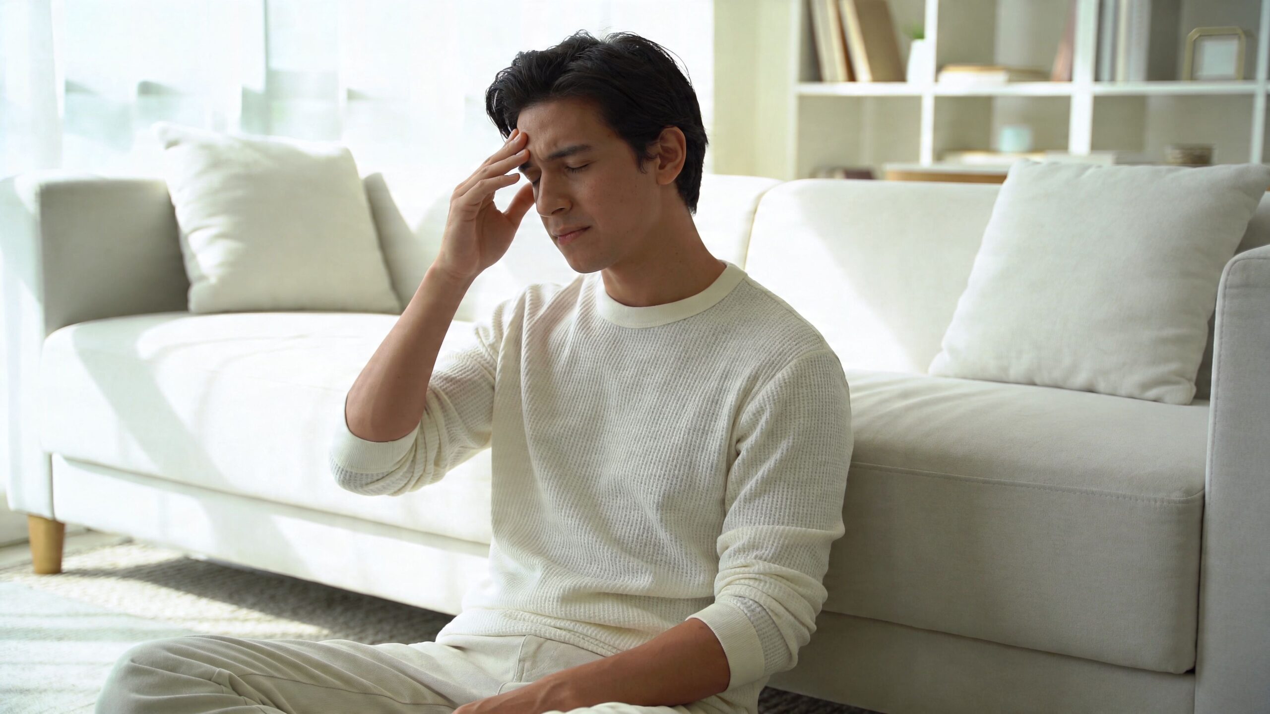 A young man sitting on the floor indoors looking distressed and holding his head in discomfort.