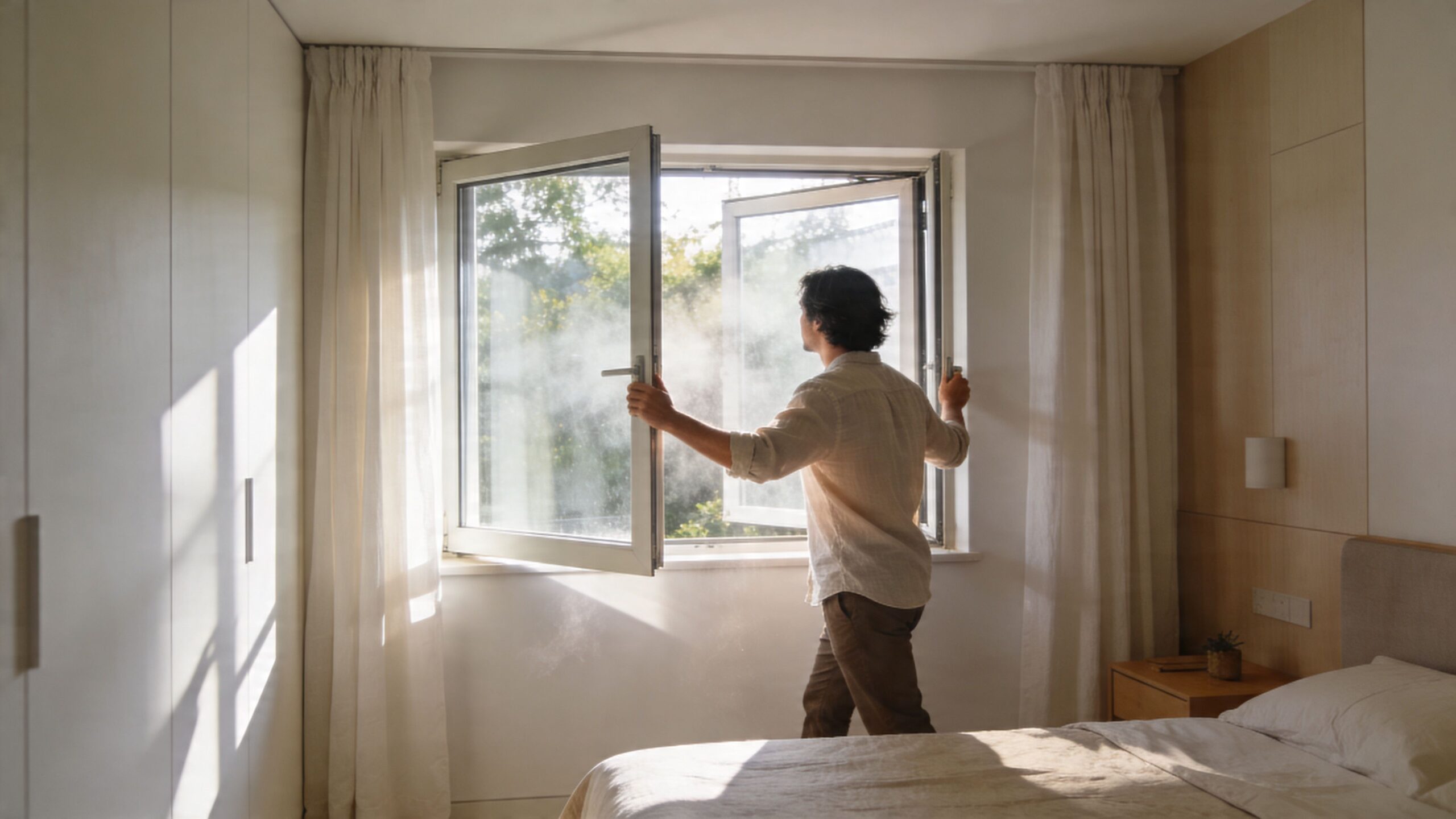 A man standing in a bright bedroom opening a window to ventilate the room due to air quality.